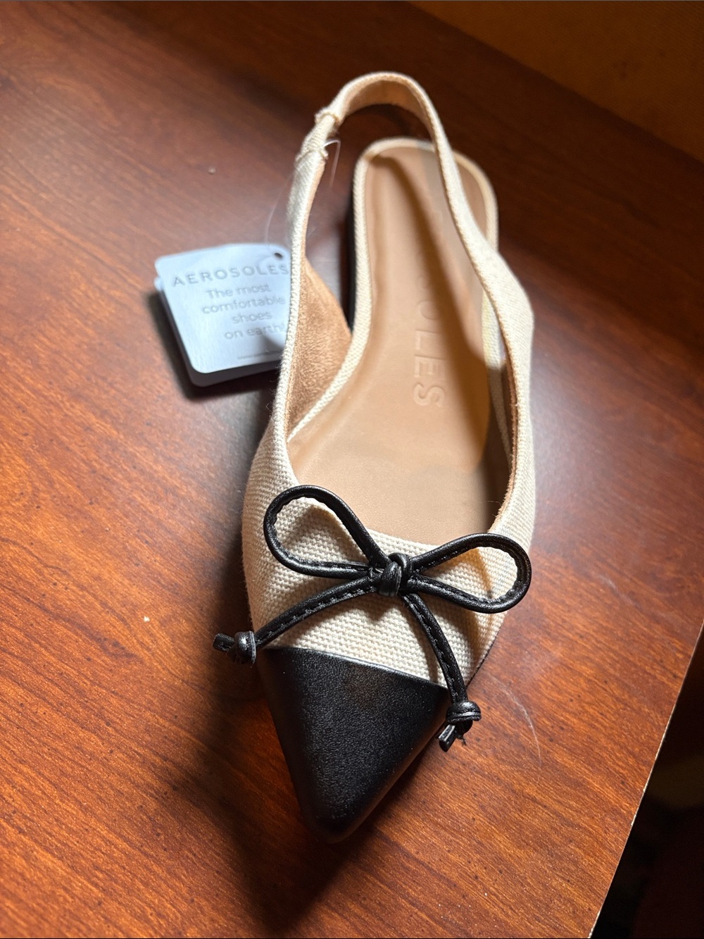 AEROSOLES Two-Tone Beige and Black Pointed Slingback Flat with Bow